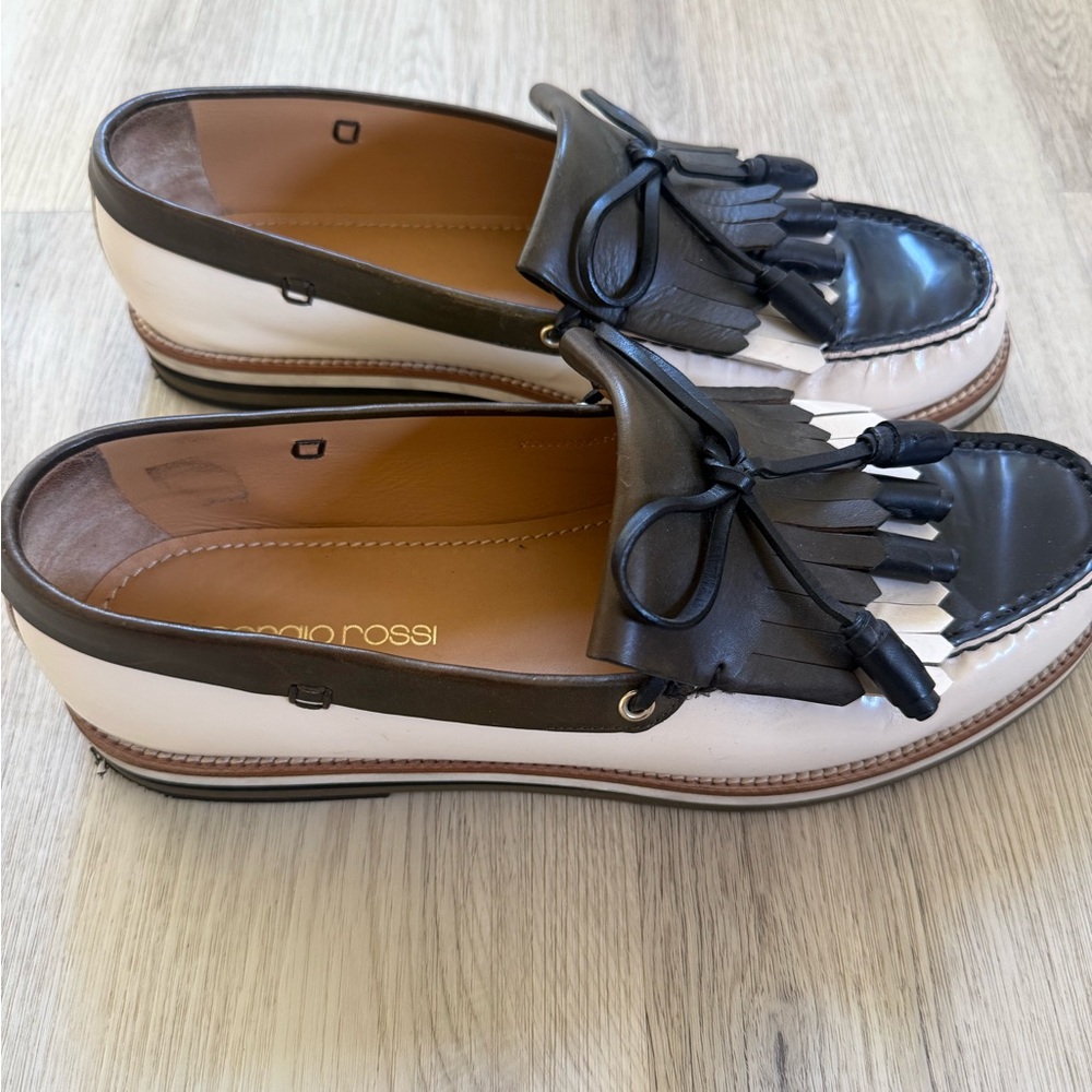 Sergio Rossi Loafers Tassels Fringe Italian Leather Men’s Size 7.5 Black Cream